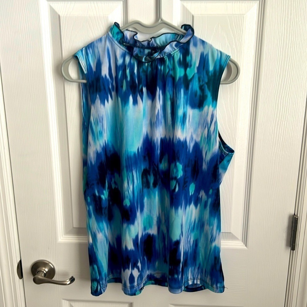 Blecker & McDougal‎ Sleeveless Ruffle Neck Tank Top Blue Tie Dye Print Size XL